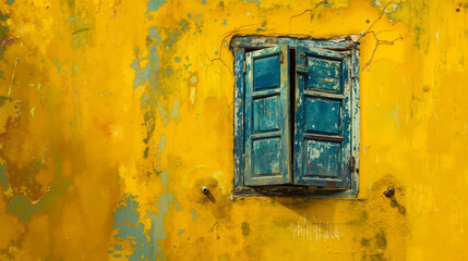 A yellow wall with a blue window and a blue shuttered window
