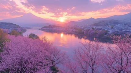 Obraz premium Serene sunset over cherry blossoms and mountains.