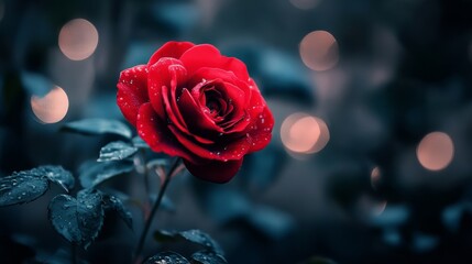 A Beautiful Red Rose Surrounded by Soft Glowing Lights in a Serene Garden Setting