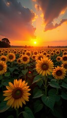 Obraz premium Sun dips below horizon, casting long shadows across a sea of sunflowers Intense color palette , shadows, bloom