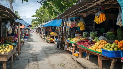 Obraz premium Food market stalls with fruits, vegetables, cheese, meat and fish on counter and in crates. Vector cartoon landscape with traditional marketplace tents with farm produce, wooden kiosks with canopy
