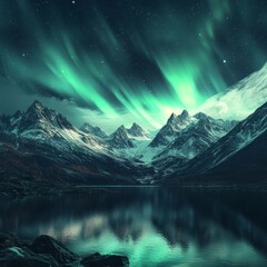A breath-taking mountain landscape illuminated by a vibrant green aurora borealis dancing across the night sky. 