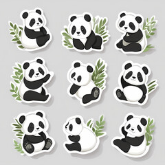 Fototapeta premium Cute panda stickers featuring playful poses and bamboo leaves on a light background. Generative AI
