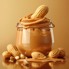 Delicious creamy peanut butter in a glass jar with scattered peanuts on a golden background. Generative AI