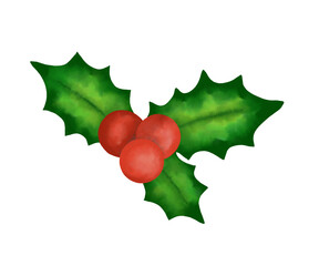 Realistic Christmas Holly Berry leaves, watercolor illustration on white background. Green leaves and red berries, winter design element.
