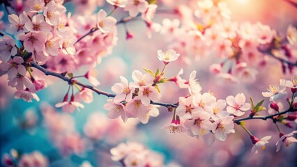 Aerial view of soft focus cherry blossom trees in vintage spring landscape