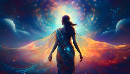 A silhouette of a person stands amidst a cosmic landscape, with vibrant colors blending into a starry sky. Flowing garments resemble wings, giving an ethereal and otherworldly feel.