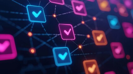 Fototapeta premium Futuristic Network of Colorful Check Marks in a Digital Landscape Showing Connections and Approval Systems for Innovative Technology Concepts
