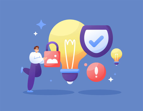 copyright protection concept. policies and provisions that protect art or content from plagiarism. preventing theft of ideas. illustration of a man with a lamp and shield. flat style design. elements