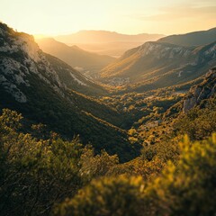 Breathtaking Sunset Over Lush Green Valley Surrounded by Majestic Mountains Showcasing Nature's Beauty in the Golden Hour