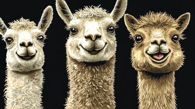 Three smiling llamas posing against a dark background with cheerful expressions and distinct features