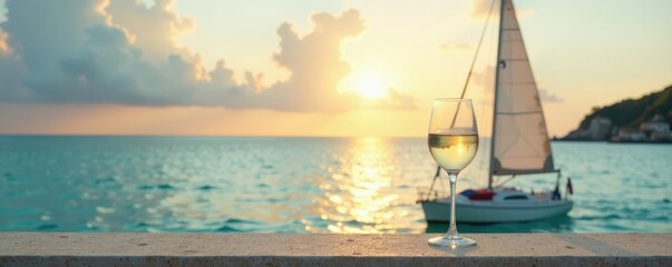 White wine and sailboat on a peaceful ocean backdrop, ocean, serene, glass