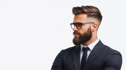 stylish man with beard and glasses in suit, exuding confidence and professionalism.