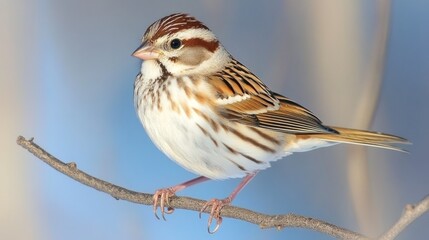 Fototapeta premium Small brown and white bird perched on a twig against a blurred background.