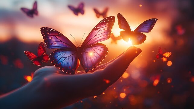a serene image of human hands releasing a group of vibrant butterflies against a glowing sunset. butterflies and sunset