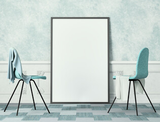 Black mock up poster frame on light plaster wall with low wainscoting and light blue tiled carpet with chair in front; portrait orientation; stylish frame mock up; 3d rendering, 3d illustration
