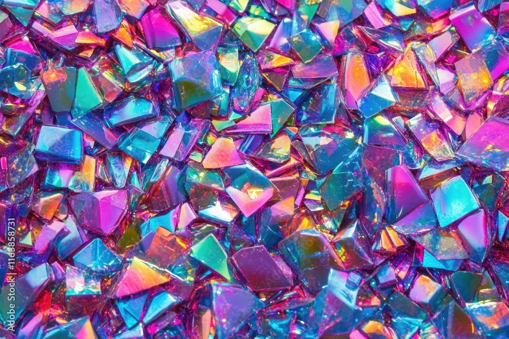 Poster macro closeup of sparkling iridescent crystal, showing vibrant colors and geometric shapes