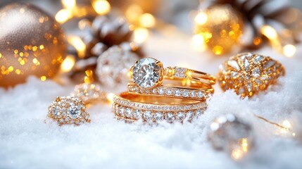 Fototapeta premium Elegant Gold Rings with Diamonds Surrounded by Soft Snow and Lights