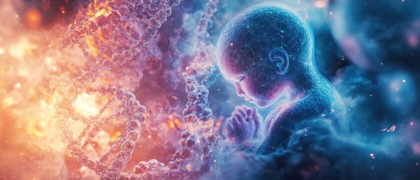 Fetus praying amidst DNA and fiery cosmic energy.