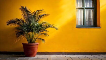 A vibrant yellow wall is complemented by the shadow of a potted plant, adding depth to the scene. Sunlight highlights both the plant and window, creating a warm, inviting atmosphere.