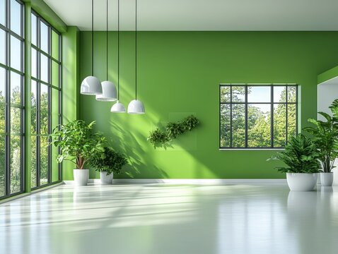 Sunlit green room with large windows, potted plants, and modern pendant lights. - Powered by Adobe