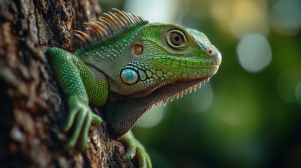 Fototapeta premium Close-Up of a Green Iguana Resting on a Tree Trunk