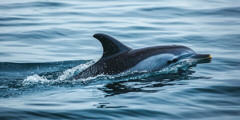 Fototapeta premium A close-up of a dolphinâ€™s fin above the water, gliding effortlessly in the ocean.