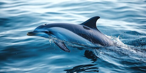 Fototapeta premium A close-up of a dolphinâ€™s fin above the water, gliding effortlessly in the ocean.