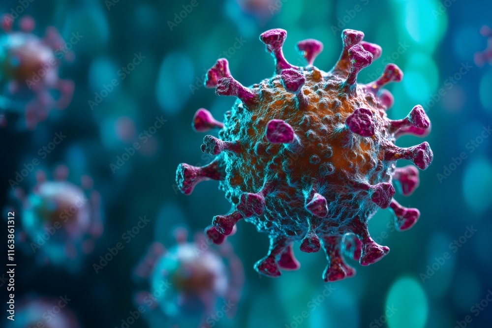 Poster microscopic view of coronavirus cells floating in a dark environment