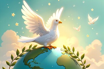 Peace dove. Whimsical White Dove Atop Globe with Olive Branch Wreath
