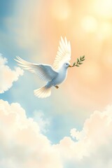 Fototapeta premium Peace dove. Graceful White Dove with Peaceful Expression Carrying Olive Branch Against Dreamy Pastel Sky 