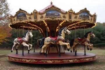 Vintage carousel horses spinning in an autumn landscape