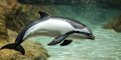 A close-up of a Maui dolphin swimming near the coast, highlighting its unique characteristics. © Chanrothana Pech
