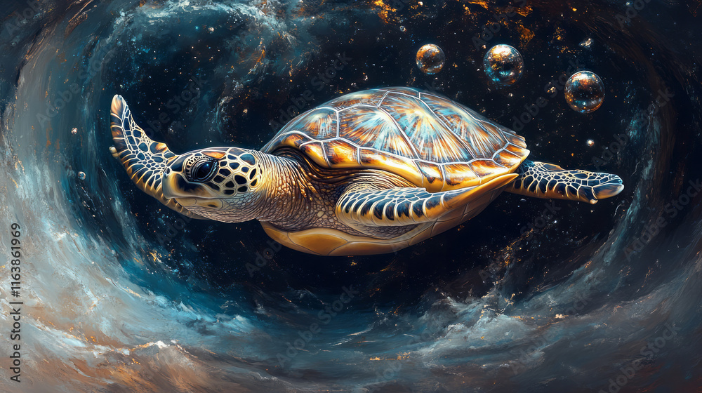 Aufkleber A turtle floating through an abstract void of spiraling orbs and shimmering waves,