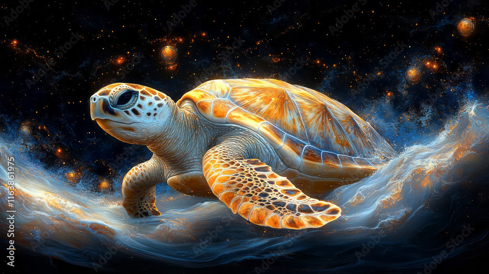 Poster a turtle floating through an abstract void of spiraling orbs and shimmering waves,