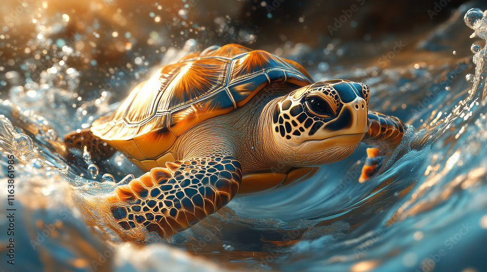 Aufkleber A turtle floating through an abstract void of spiraling orbs and shimmering waves,