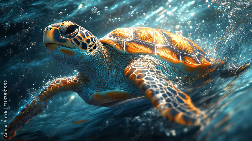 Aufkleber A turtle floating through an abstract void of spiraling orbs and shimmering waves,
