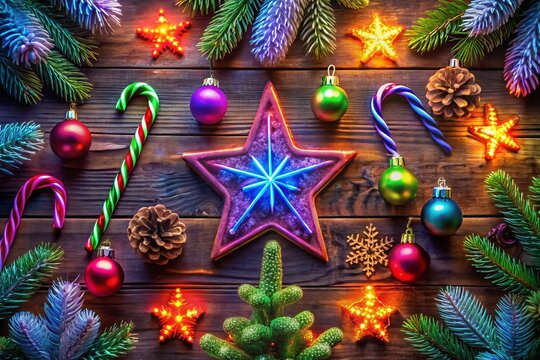 Neon holiday symbols in rustic stroboscopic style for festive celebrations