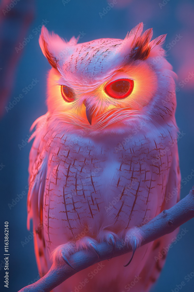 Aufkleber an owl with abstract, glowing feathers perched on a floating branch,