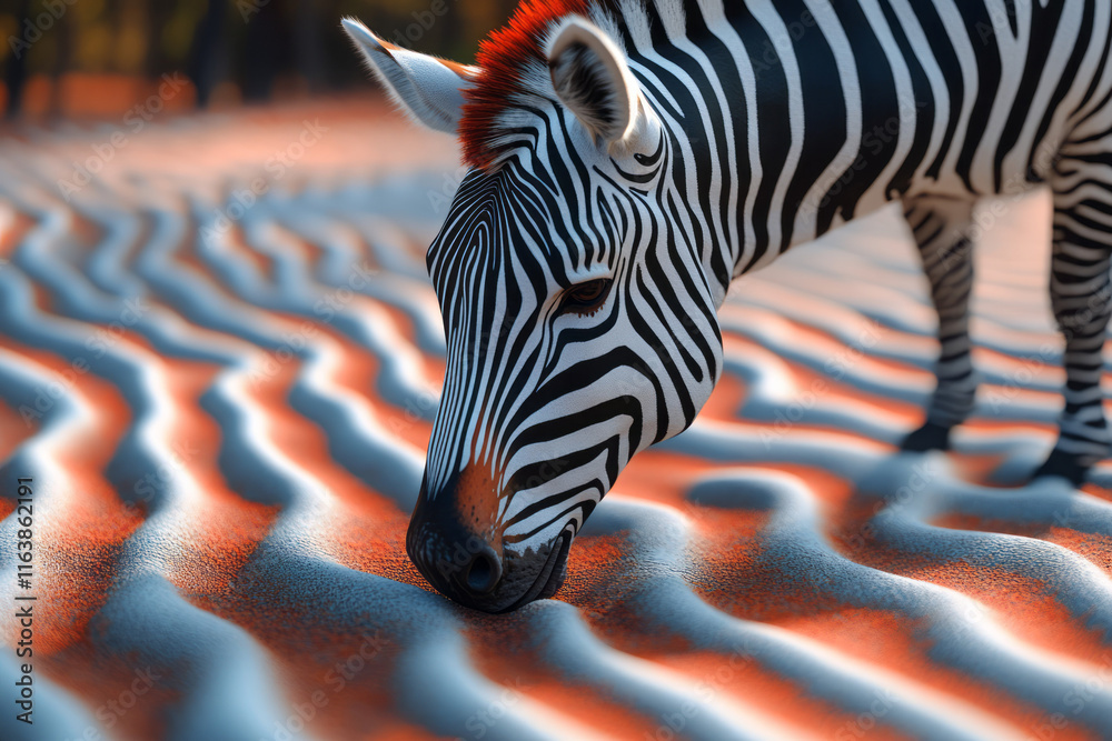 Aufkleber a zebra grazing on an abstract landscape of shifting, multicolored grids,