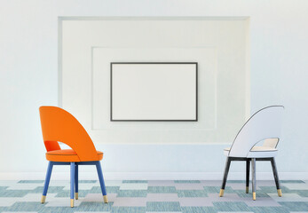Black mock up poster frame on light plaster wall beyond wall openings with 2 armchairs in front on light blue tiled carpet; landscape orientation; gallery style concept; 3d rendering, 3d illustration