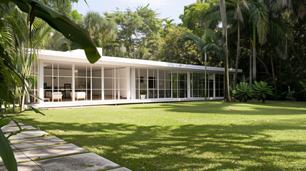 Naklejka premium Elegant Minimalist One-Story House with Lush Lawn and Large Windows, American Individual Architecture Style