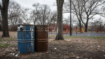 Barrels Near Park Playground on Overcast Day