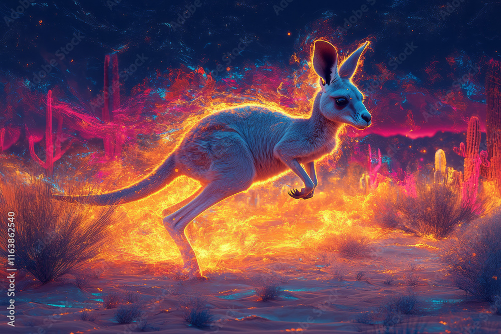 Poster A kangaroo leaping through an abstract desert of glowing dunes and neon cacti,