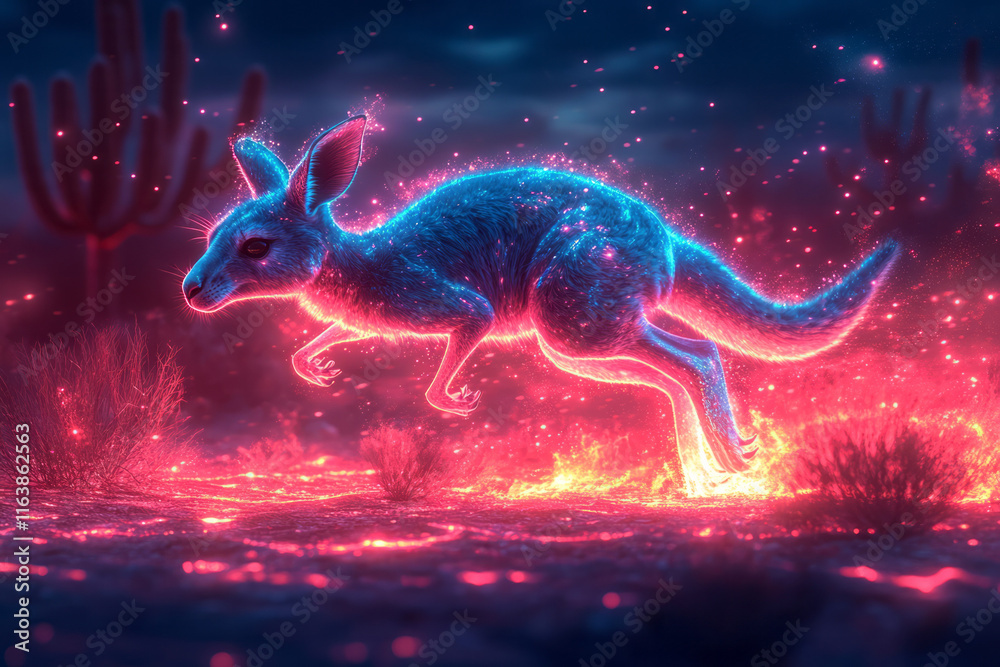 Poster a kangaroo leaping through an abstract desert of glowing dunes and neon cacti,