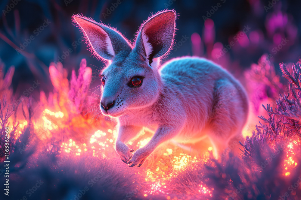 Poster a kangaroo leaping through an abstract desert of glowing dunes and neon cacti,