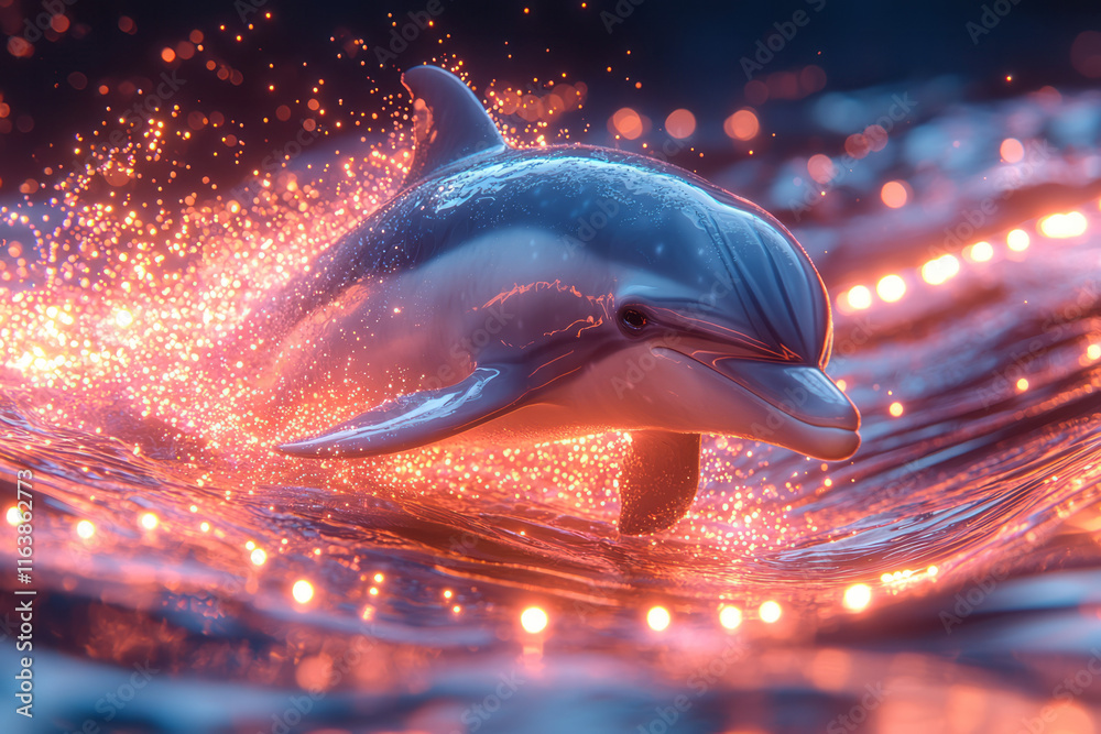 Poster a dolphin jumping through glowing rings floating in an abstract ocean of vibrant neon waves,