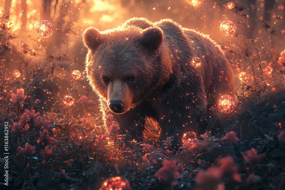Aufkleber a bear surrounded by floating glowing orbs in an abstract forest with vibrant, pulsating hues,