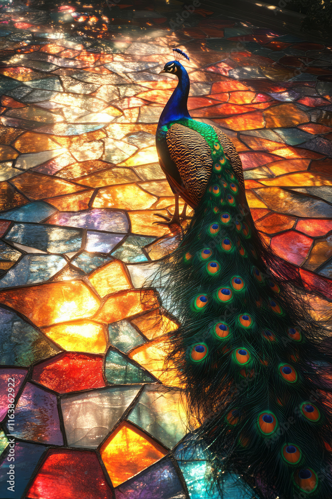 Poster a peacock walking across a fragmented floor of colorful glass-like shards,