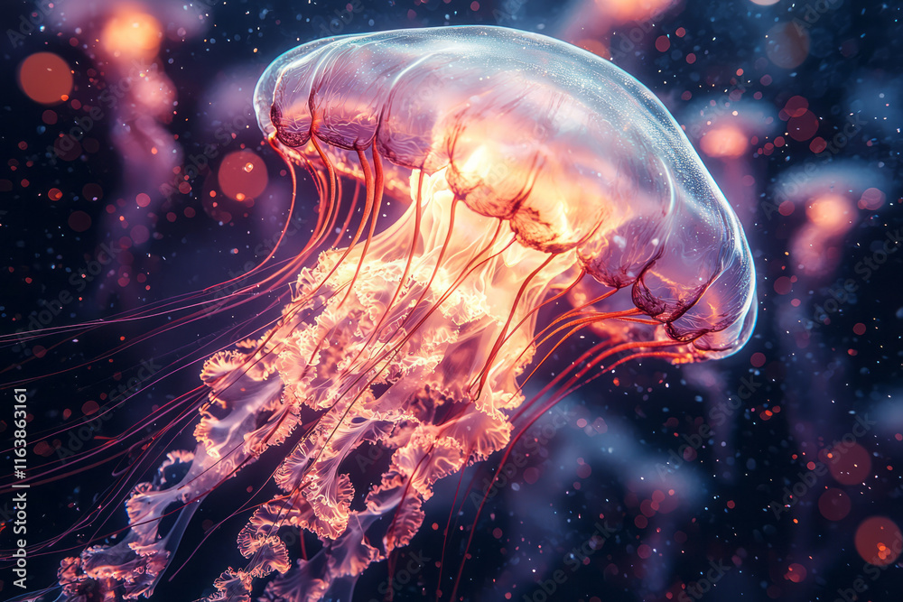 Leinwandbilder A jellyfish floating in an infinite void of glowing, liquid-like orbs and dynamic abstract patterns,